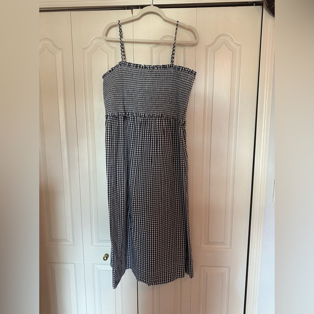 J. Crew White and Navy Gingham Midi Dress